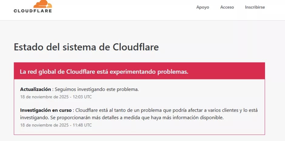 Cloudflare sufre caída mundial: afecta a X y ChatGPT
