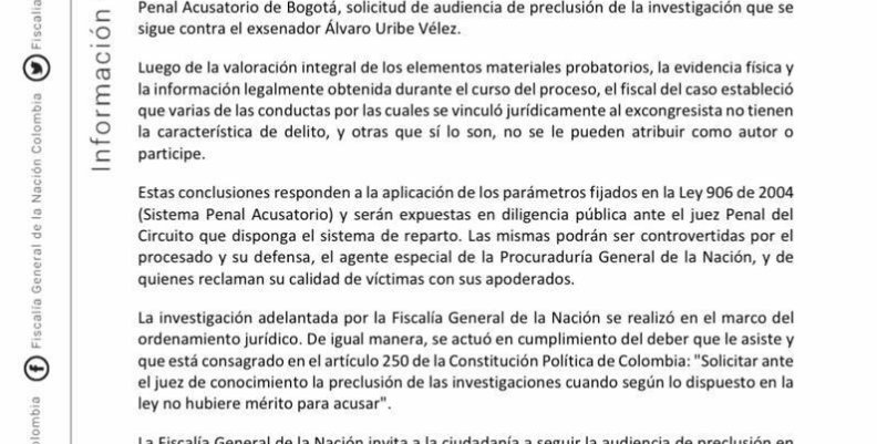 Comunicado de la Fiscalía General de la Nación Comunicado de la Fiscalía General de la Nación