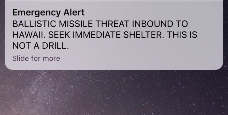 A screen capture from the Twitter account of Congresswoman Tulsi Gabbard (D-HI) shows a missile warning for Hawaii A screen capture from the Twitter account of Congresswoman Tulsi Gabbard (D-HI) shows a missile warning for Hawaii