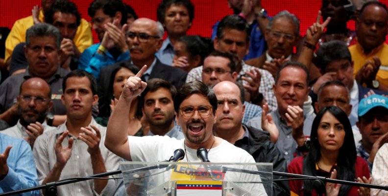 Freddy Guevara, first Vice-President of the National Assembly and lawmaker of the Venezuelan coalition of opposition parties (MUD), talks to the media during a news conference in Caracas Freddy Guevara, first Vice-President of the National Assembly and lawmaker of the Venezuelan coalition of opposition parties (MUD), talks to the media during a news conference in Caracas