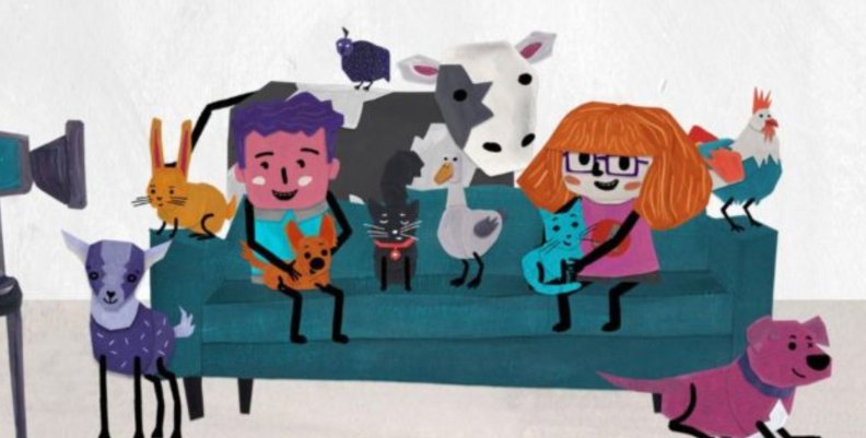 Graficación de dos niños rodeados de animales