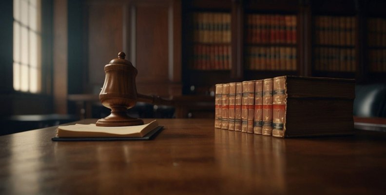 Consultorios jurídicos Una mesa con un mazo de madera y unos libros encima