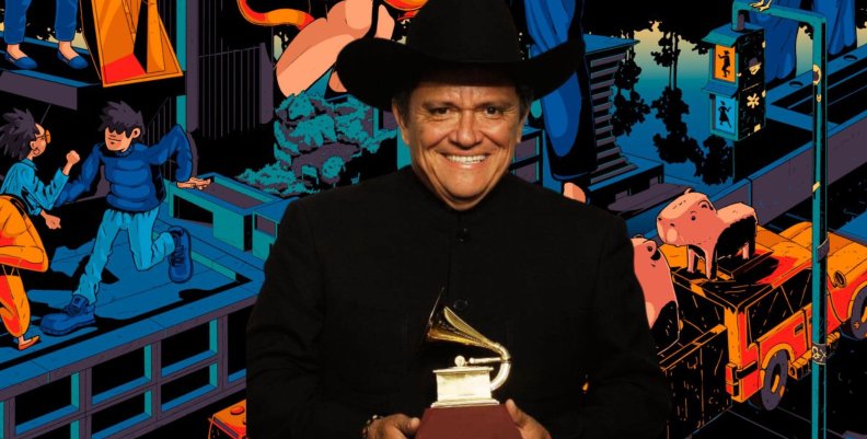 Cholo Valderrama Un hombre con traje negro llanero, sombrero y un grammy en las manos