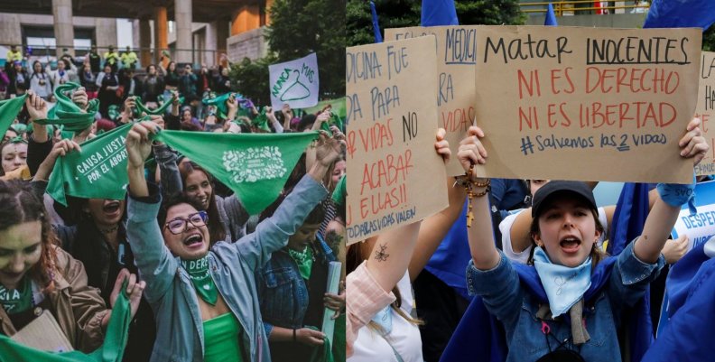Aborto Dos imágenes contrapuestas: en una, feministas marchan en pro del aborto, en la otra, jóvenes pro-vida marchan contra el aborto.