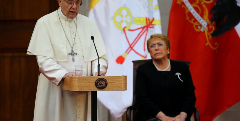 Pope Francis speaks next to Chile's President Michelle Bachelet at the La Moneda Presidential Palace in Santiago, Pope Francis speaks next to Chile's President Michelle Bachelet at the La Moneda Presidential Palace in Santiago,