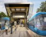Grafica de un tren azul llegando a una estación 
