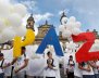 People form the word Peace with letters at the Bolivar square outside the cathedral in Bogota