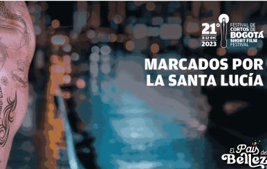 Cartel promocional edición 21 Bogoshorts Festival con el slogan 'Marcados por la Santa Lucía' premio oficial del Festival. 