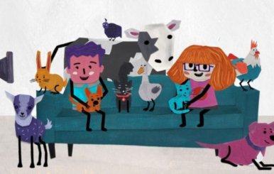 Graficación de dos niños rodeados de animales