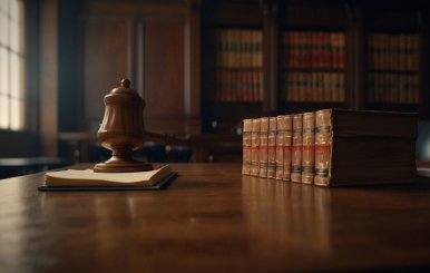 Una mesa con un mazo de madera y unos libros encima