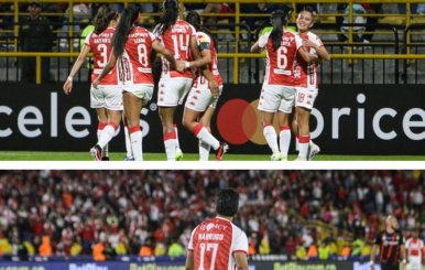 Collage con dos imágenes de Independiente Santa Fe: el equipo femenino triunfando en la Copa Libertadores y el equipo masculino siendo goleado.