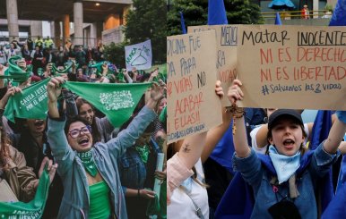 Dos imágenes contrapuestas: en una, feministas marchan en pro del aborto, en la otra, jóvenes pro-vida marchan contra el aborto.