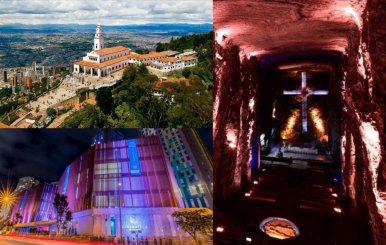 Combinación de fotos de la Catedral de Sal de Zipaquirá, Monserrate y la Cinemateca de Bogotá.