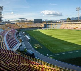 Un estadio: gradas y césped en medio