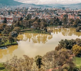 Un lago con árboles alrededor
